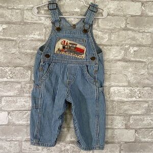 Vintage Oshkosh Striped Blue‎ Kids Overalls trains patches 12 months conductor